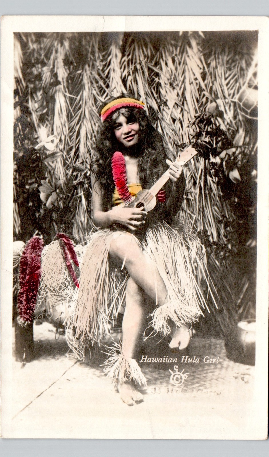 HAWAIIAN HULA GIRL UKULELE 1930s postcard portrait real photo rppc hi tinted