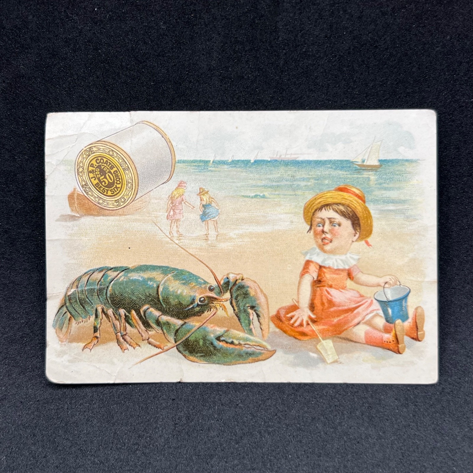 J. & P. Coats Thread Victorian Trade Card 1880s Lobster Girl Beach Advertising