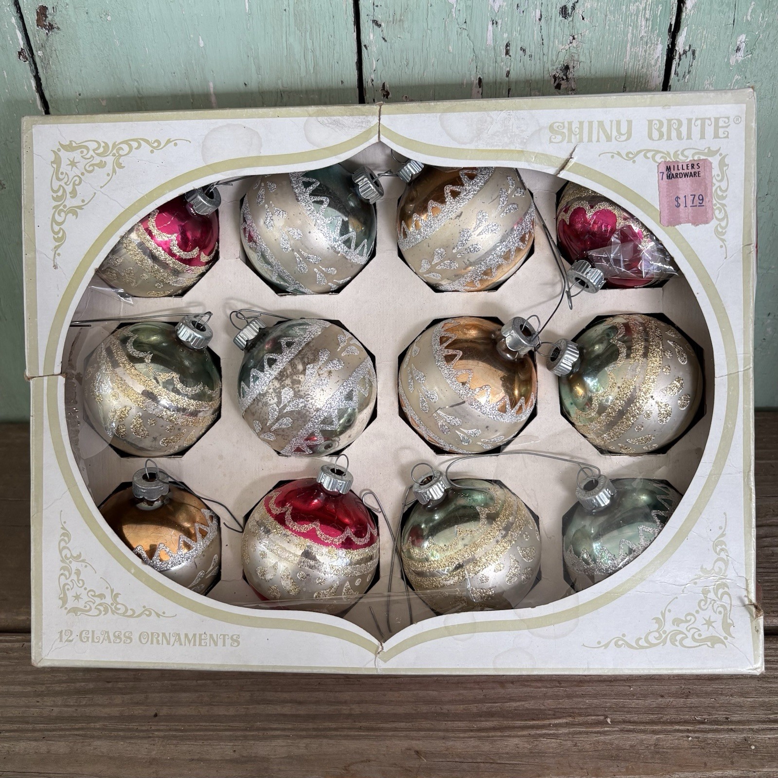 VTG Set of 12 Shiny Brite Glass Christmas Ornaments Mica Stenciled Original Box