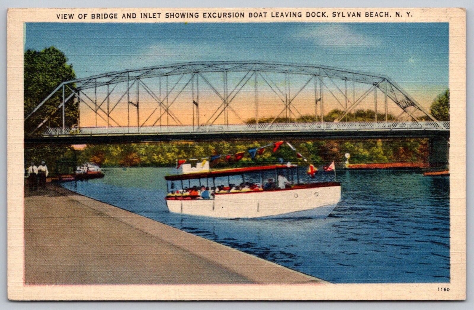 Postcard Bridge, Inlet, Excursion Boat Leaving Dock, Sylvan Beach New York 1940s