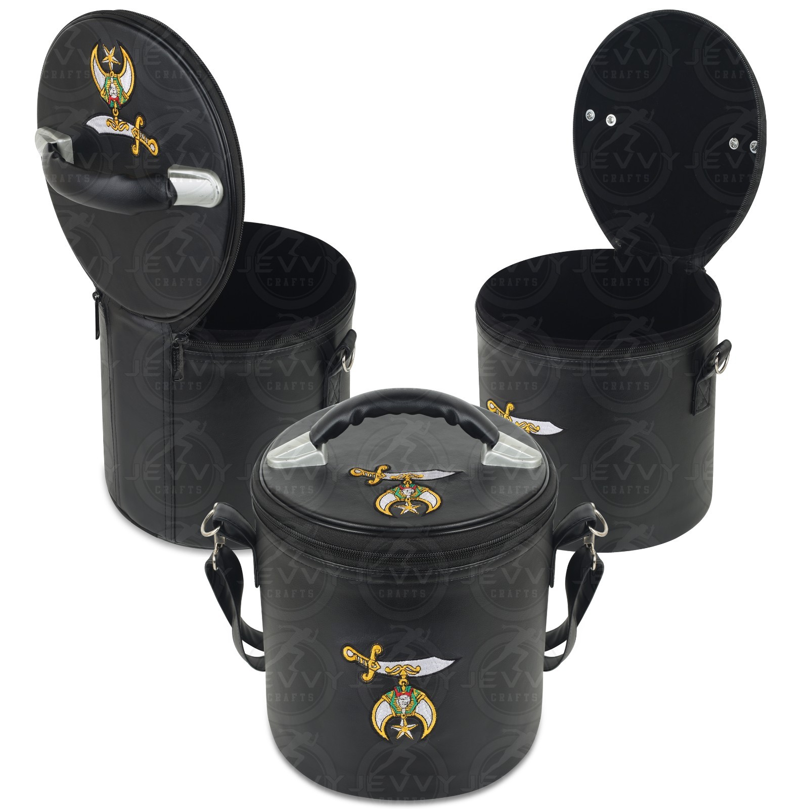 Masonic Shriner Fez Case Black Faux Leather 9x9x8 with Velvet Lining & Strap