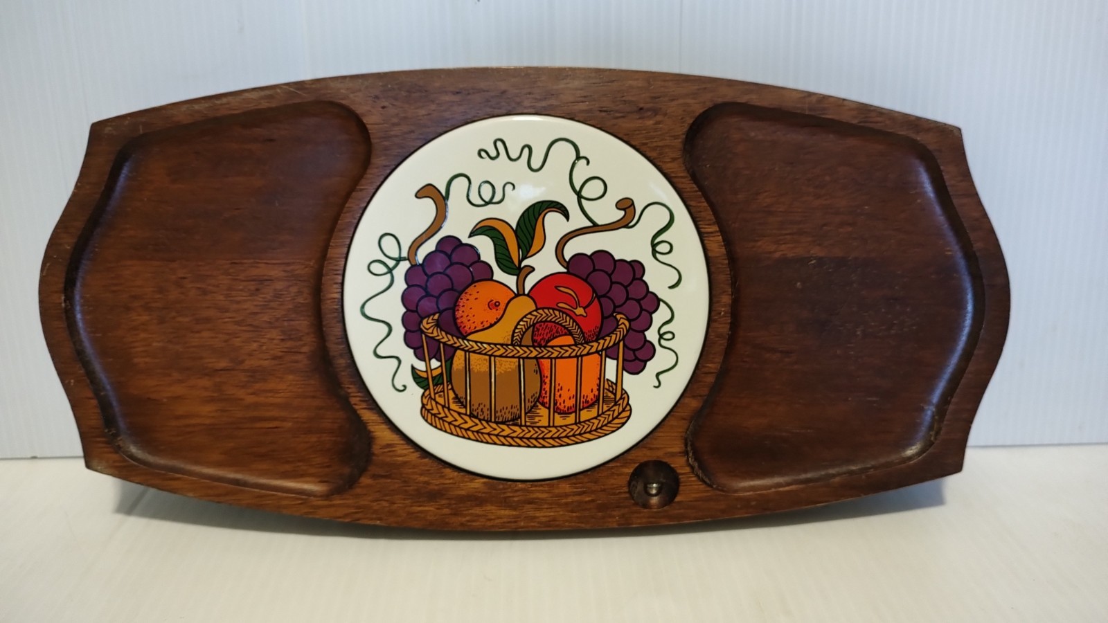 Vintage 70's Gail Craft Quality Woodenware Japan Ceramic Fruits Tile Cheese Tray