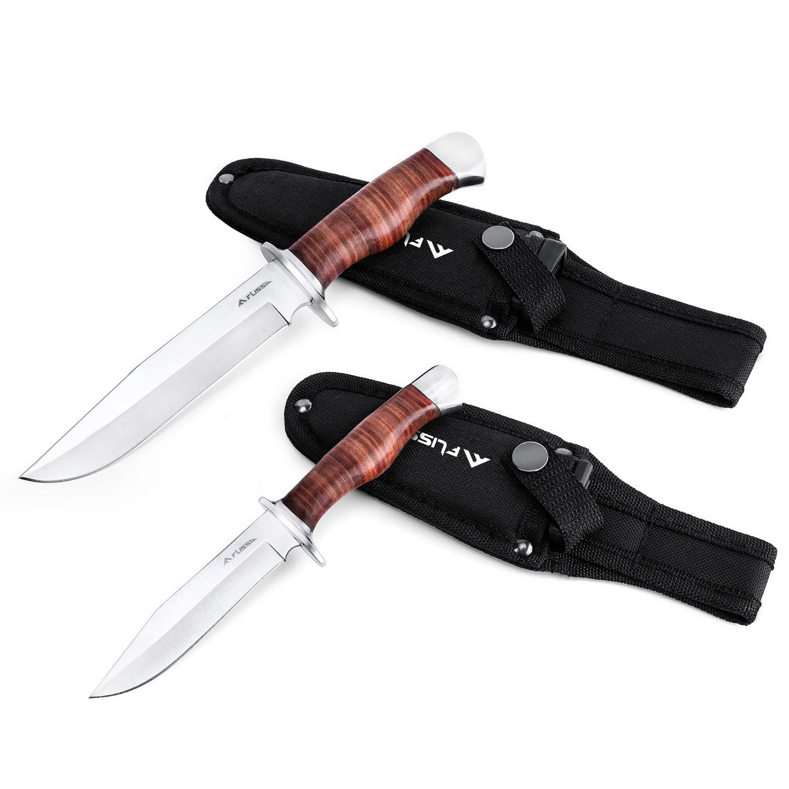 FLISSA 2-Pieces Fixed Blade Bowie Knife Hunting Knife with Sheath Leather Handle