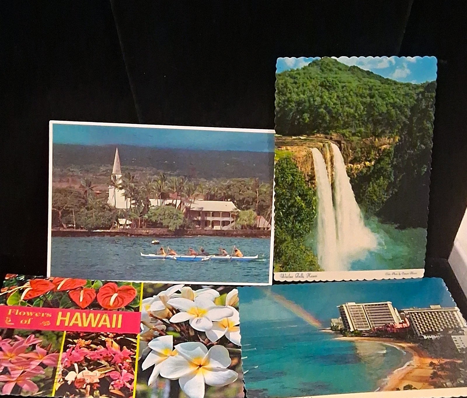 VTG Hawaiian Postcards Lot of 4:Wailua Falls Kauai, Waikiki Sunrise Rainbow,Kona