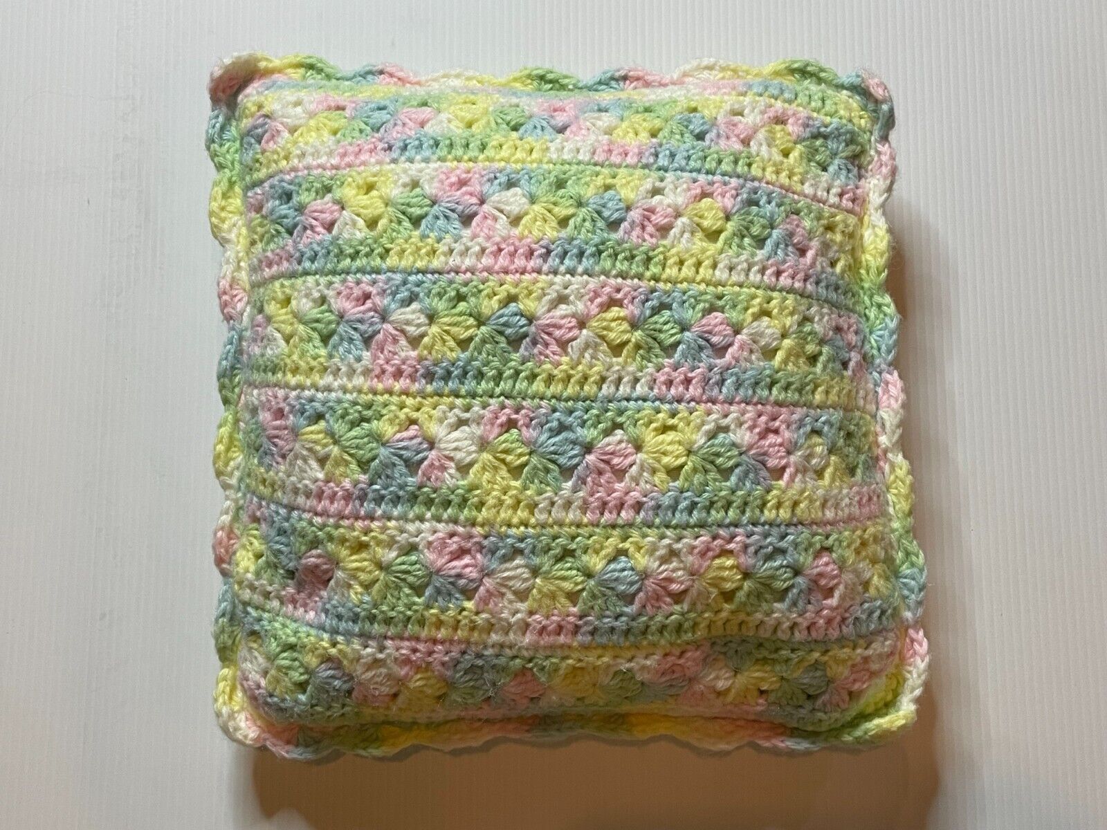 Vintage MCM Handmade Crocheted Pastel Rainbow Granny Knit Cottagecore Pillow 14\