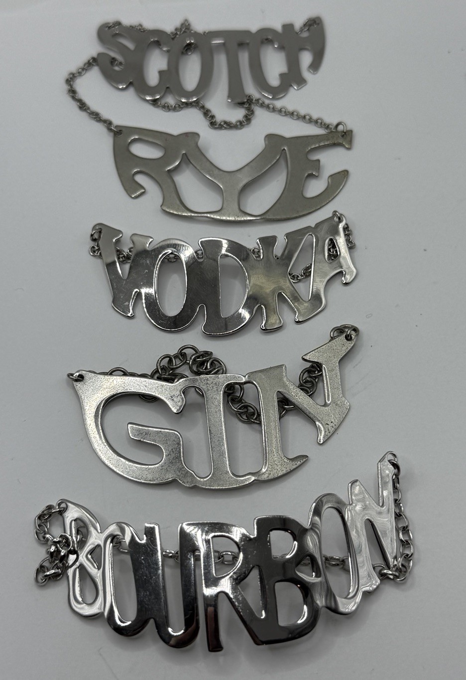Set of 5 Decanter Bottle Tags by Napier Silverplate Barware Vodka Gin Rye