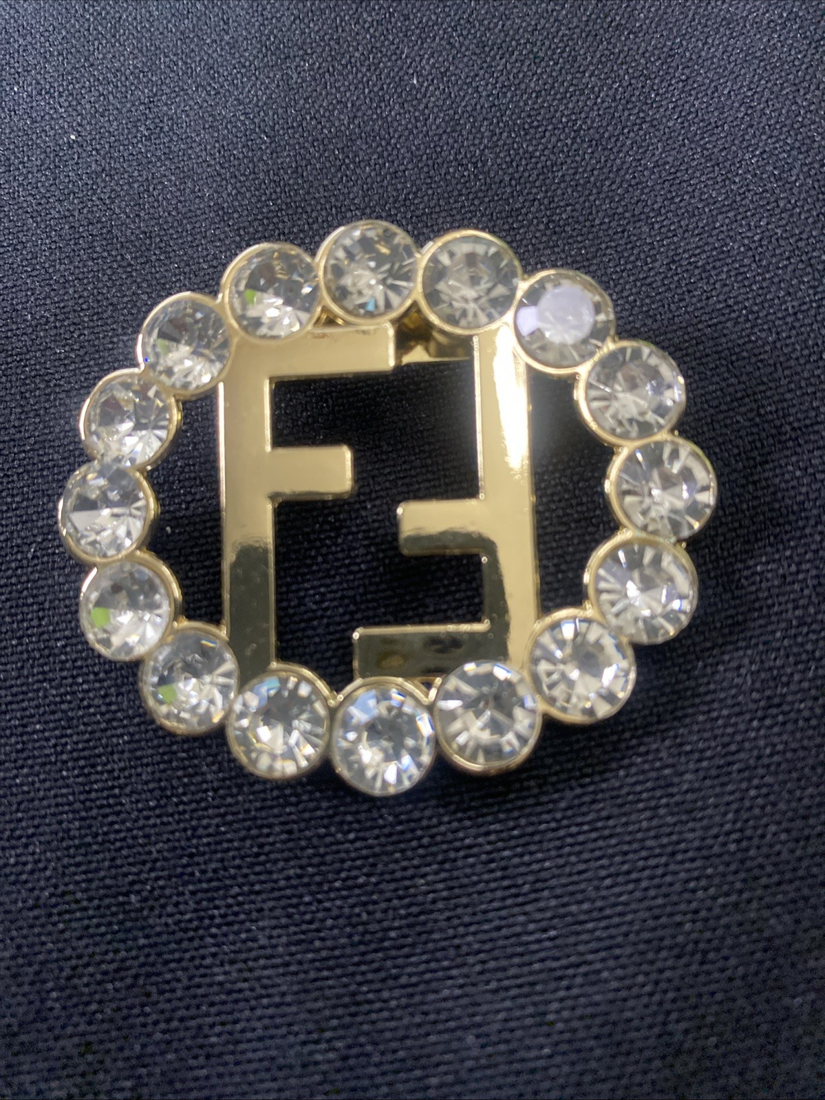 Fendi Luxury Designer Brooch Pin Gold Tone With Clear Rhinestones Fendi Luxury Designer Brooch Pin Gold Tone With Clear Rhinestones