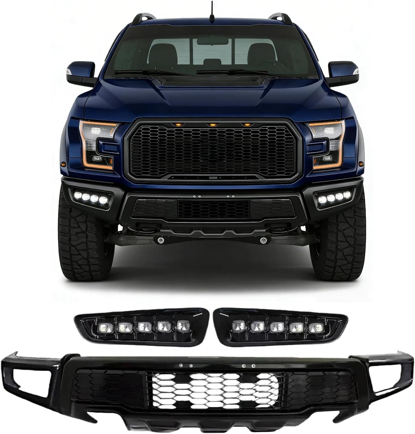 Front Bumper Compatible with 2015-2017 Ford F150 Glossy Black Bumpers with LED F