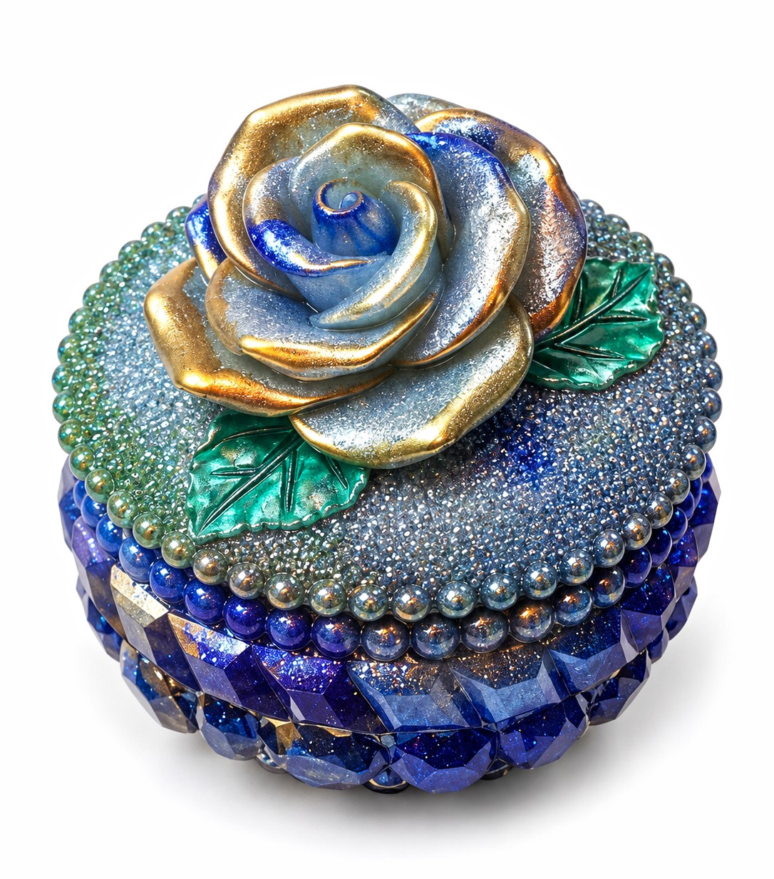 Gorgeous Blue Marbled Rose Trinket Box Jewel Faceted