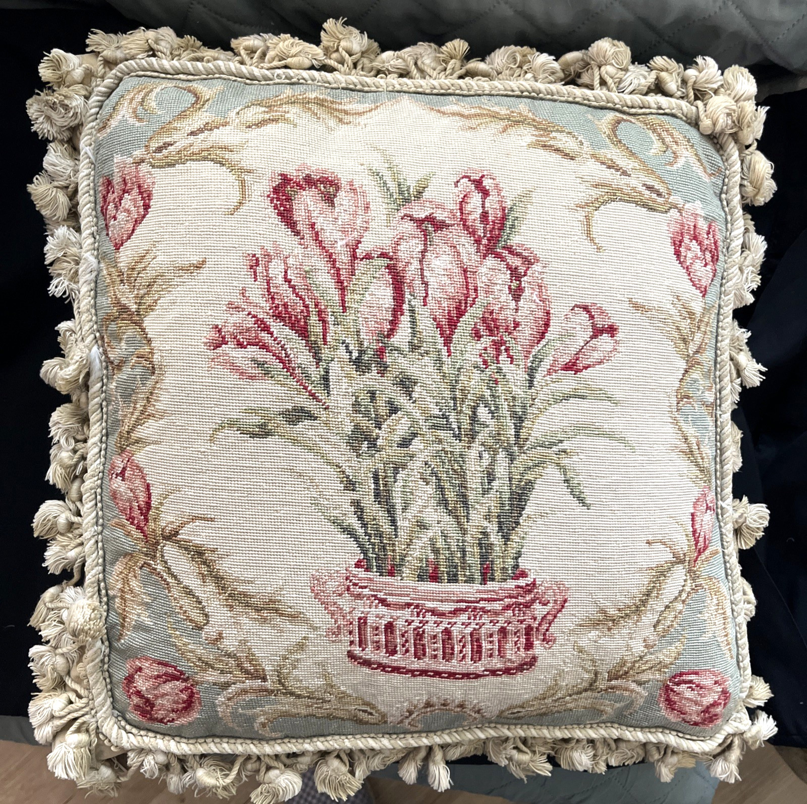 Vintage French Aubusson Style Floral Tulips in Vase Needlepoint Pillow w/Tassels