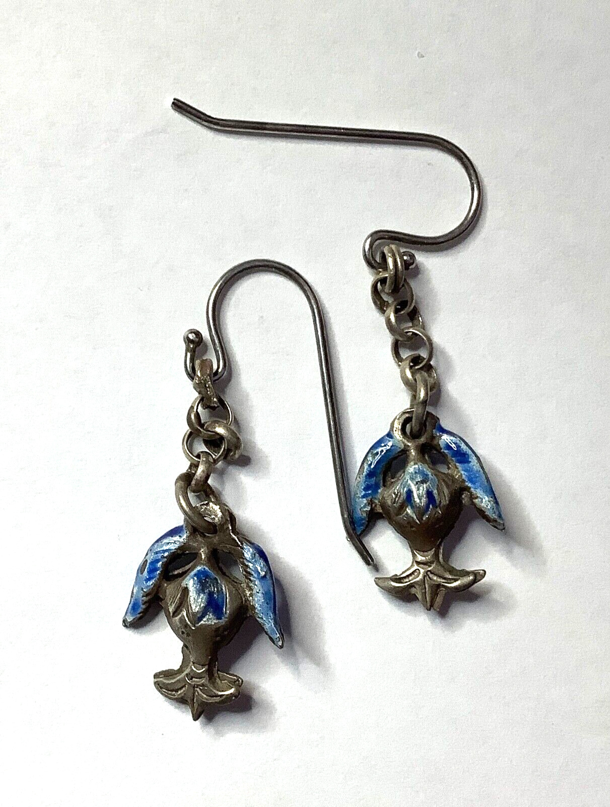 VINTAGE antique CHINESE SMALL STERLING SILVER BLUE ENAMEL DROP PIERCED EARRINGS