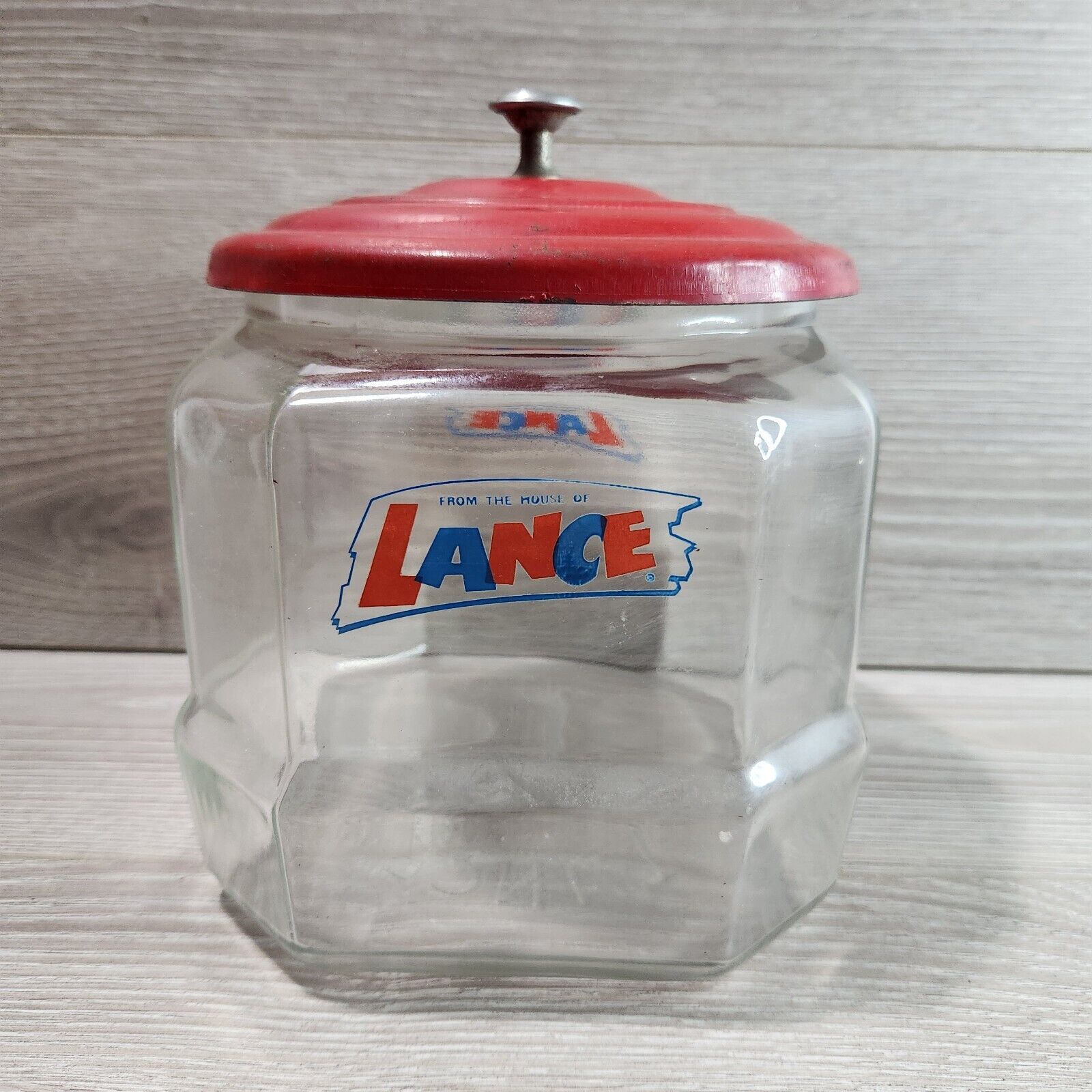 Vintage 1940’s Lance Candy/cracker Glass Jar, 8 Sided With Red Metal Lid