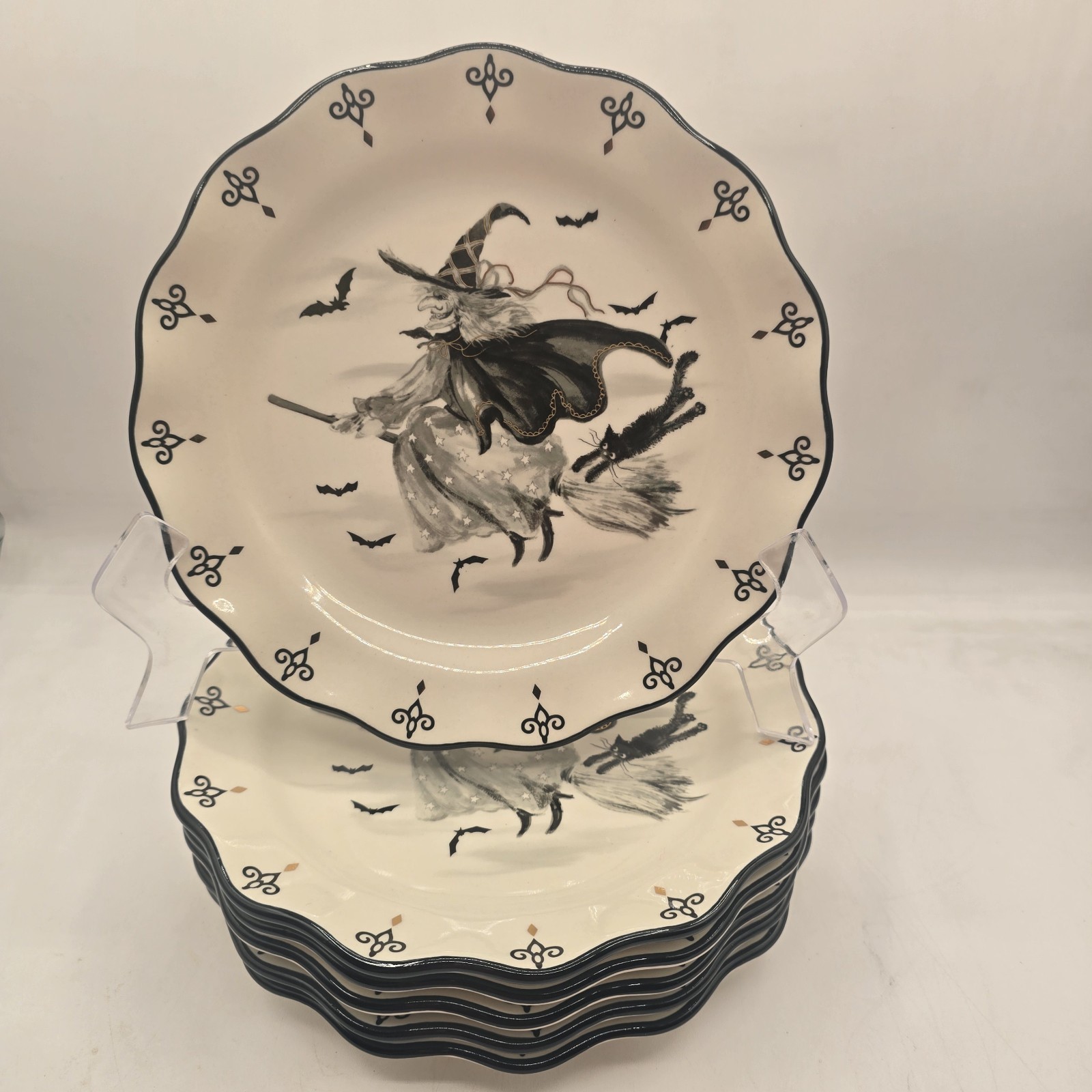 Potter\'s Studio Flying Witch With Black Cat Salad Plates Set 6 Halloween Scallop