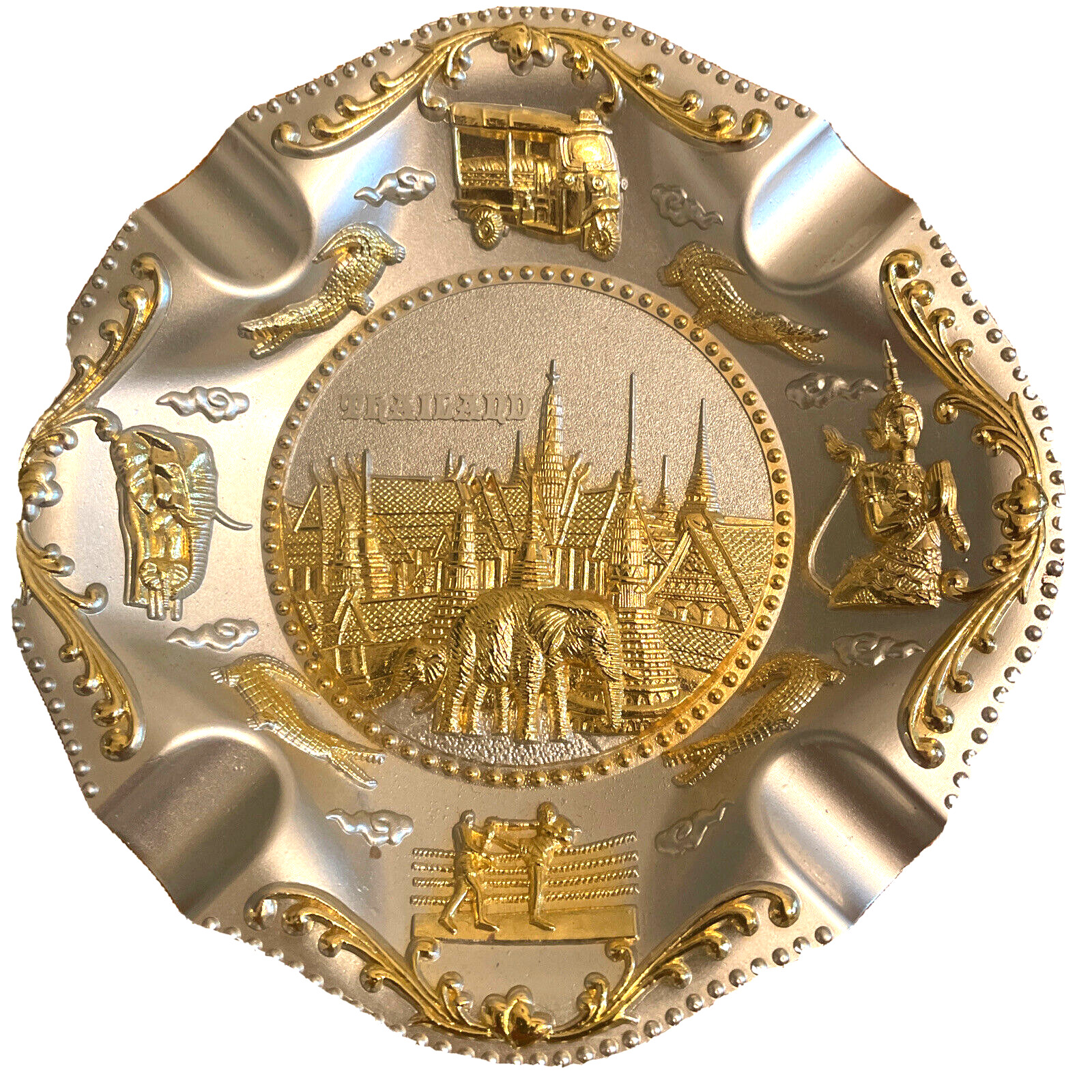 Thailand Souvenir Ashtray Gold Silver Tone 5.5 in Gold Silver Brilliant 3D Image