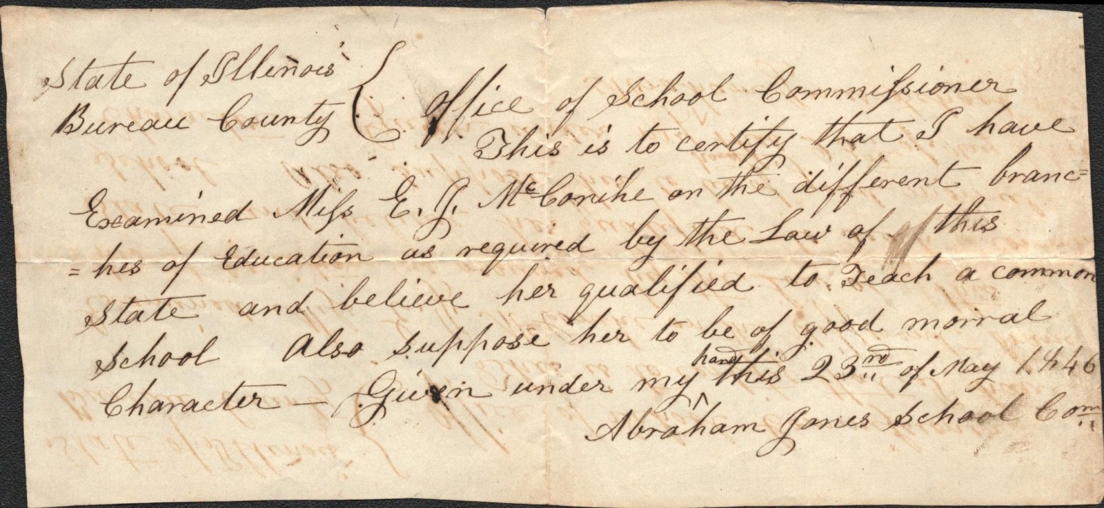 1846 BUREAU COUNTY, ILLINOIS antique legal document SCHOOL COMMISSIONER APPROVAL