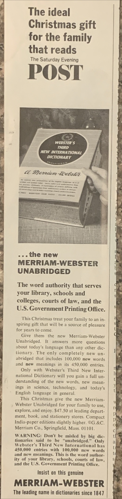 1966 Merriam-Webster PRINT AD Unabridged Dictionary Third International VTG 60s