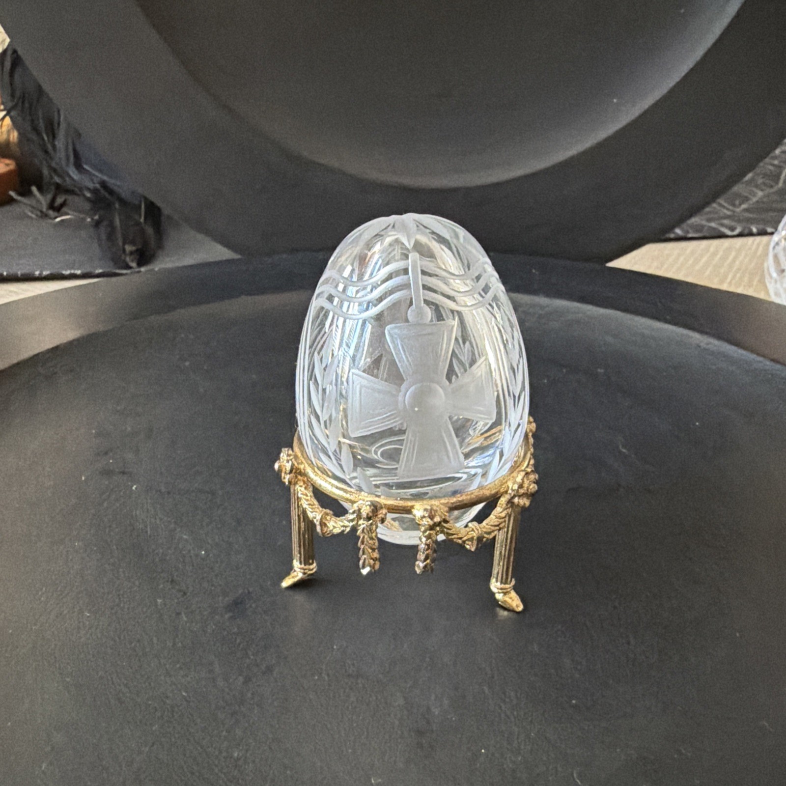 Vintage Faberge Clear Crystal Russian Imperial Cut Egg Signed and #0665+ Stand