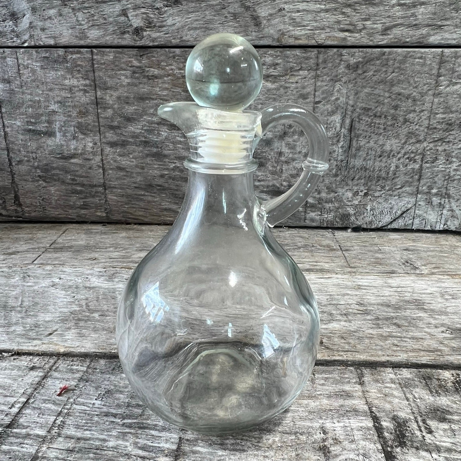Vintage Clear Glass Cruet Decanter with Handle Round Ball Stopper