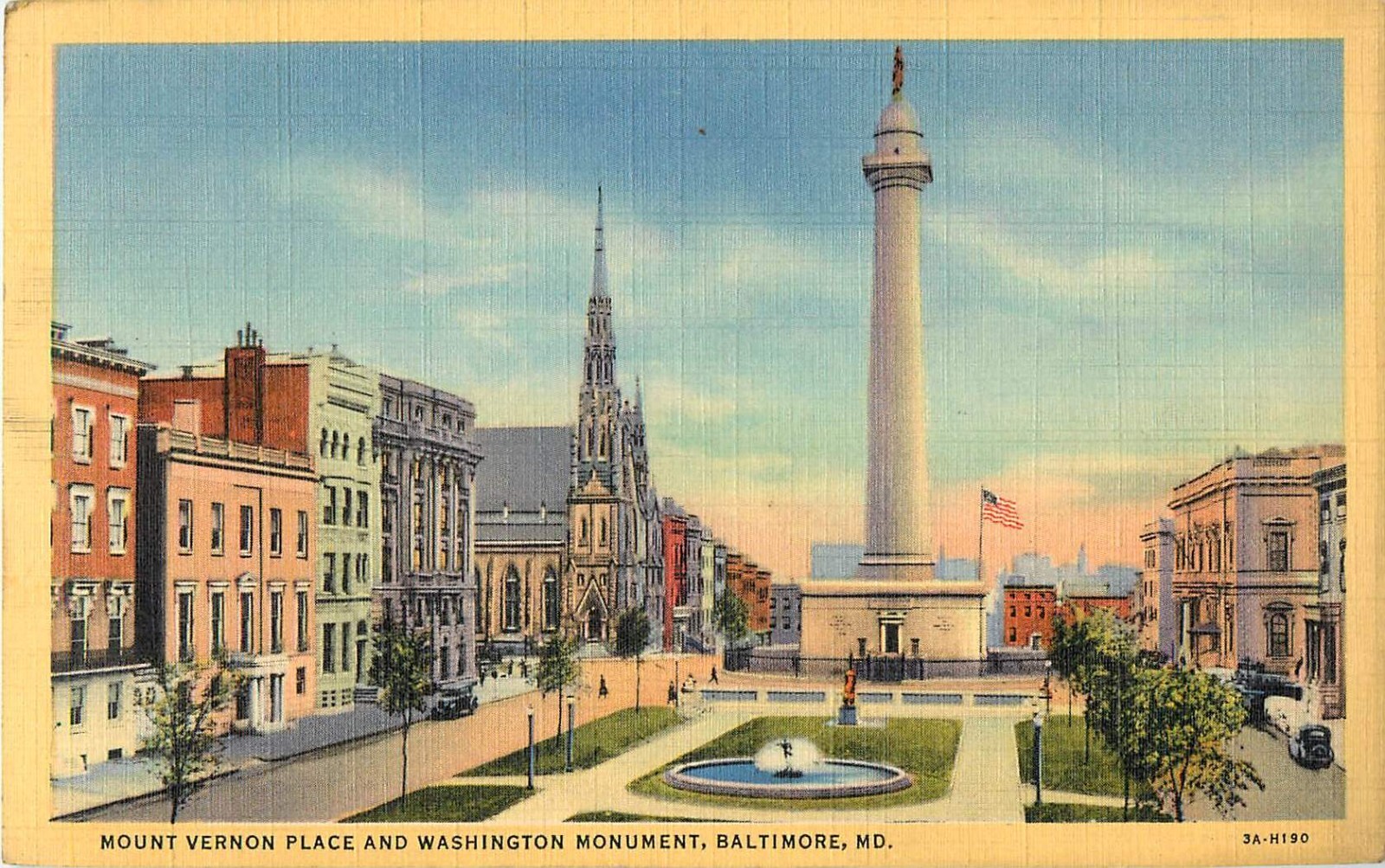 1941 Postcard Mount Vernon Place Washington Monument Baltimore Maryland Linen