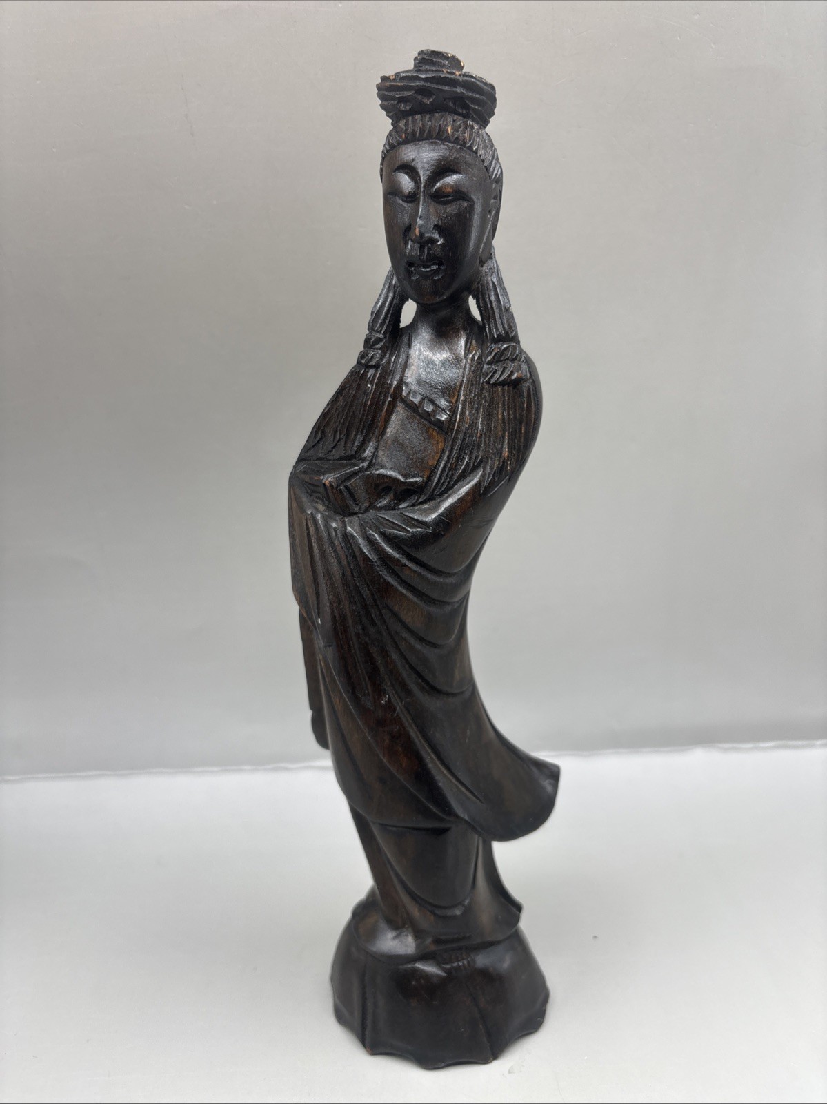 Vintage Dark Wood Carving Of Buddhist Bodhisattva of Compassion Guanyin 12” Tall