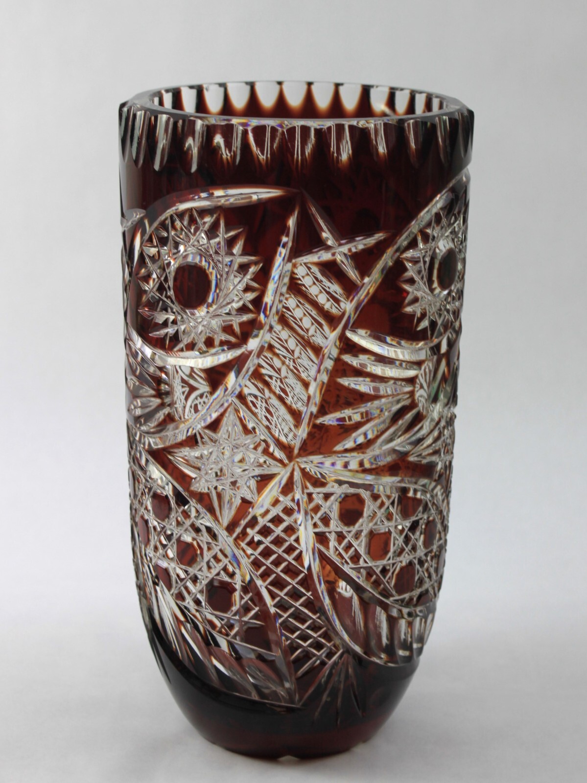 Ruby Red to Clear Cut Crystal Vase Dot Star Pattern