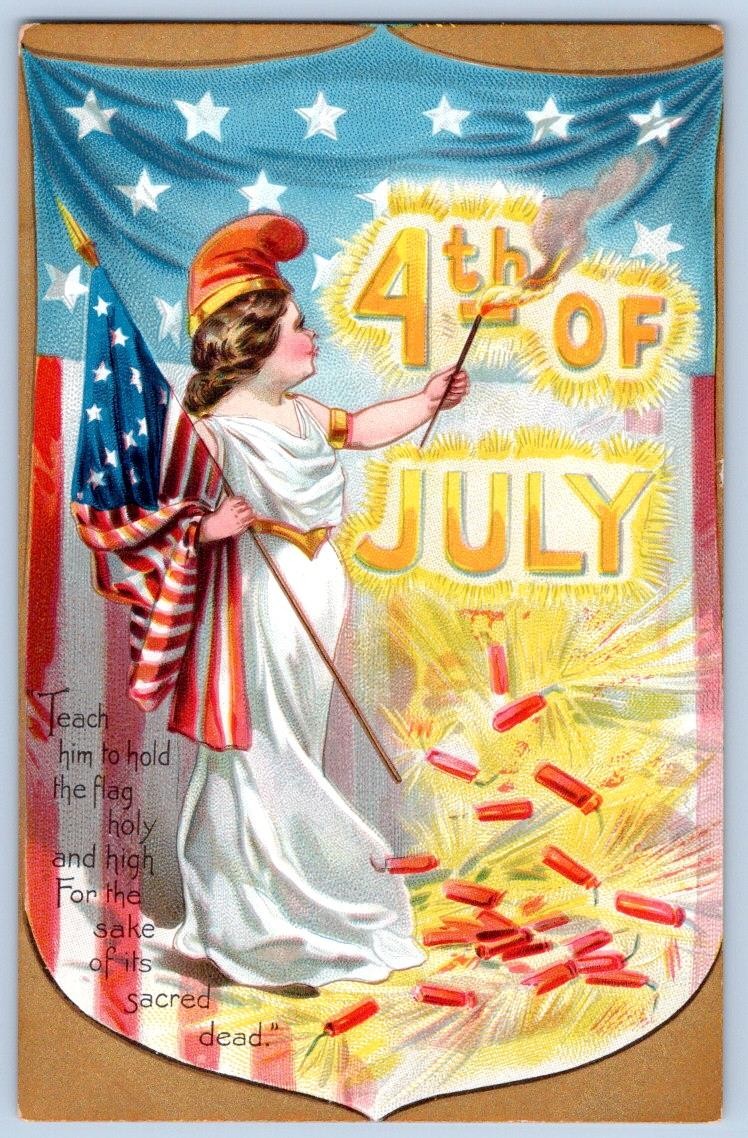 1907-10's 4th of JULY LADY LIBERTY lights FIRECRACKERS TUCK'S PATRIOTIC POSTCARD
