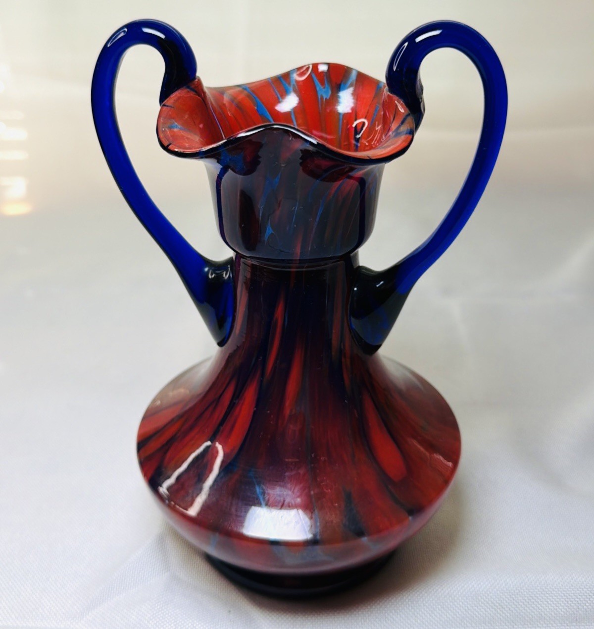 Vintage Czechoslovakia Bohemian Hand Blown Art Glass Vase Cobalt Handles 7.5”