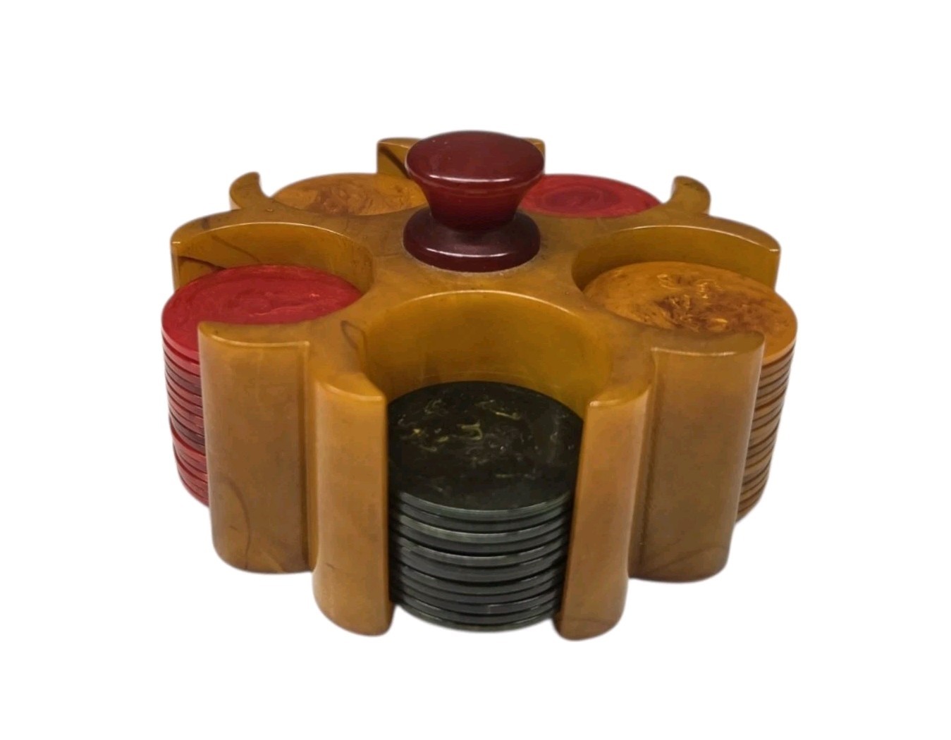 Vintage Bakelite Mini Poker Chips and Caddy Set Butterscotch