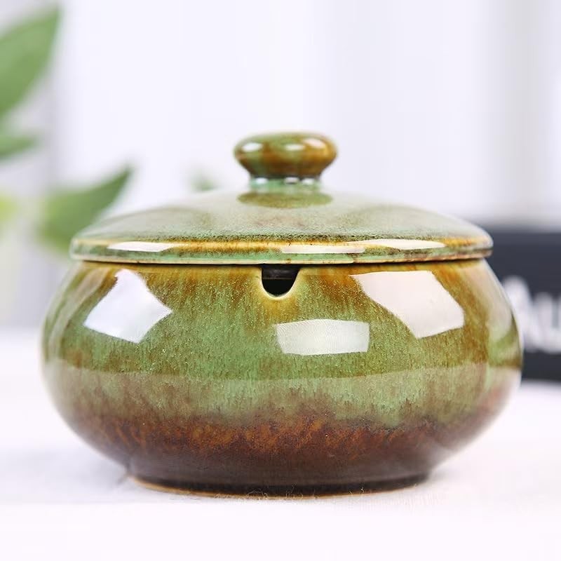 Handmade Ceramic Ashtray with Lids, Windproof Cigarette Ashtray Smokeless for In