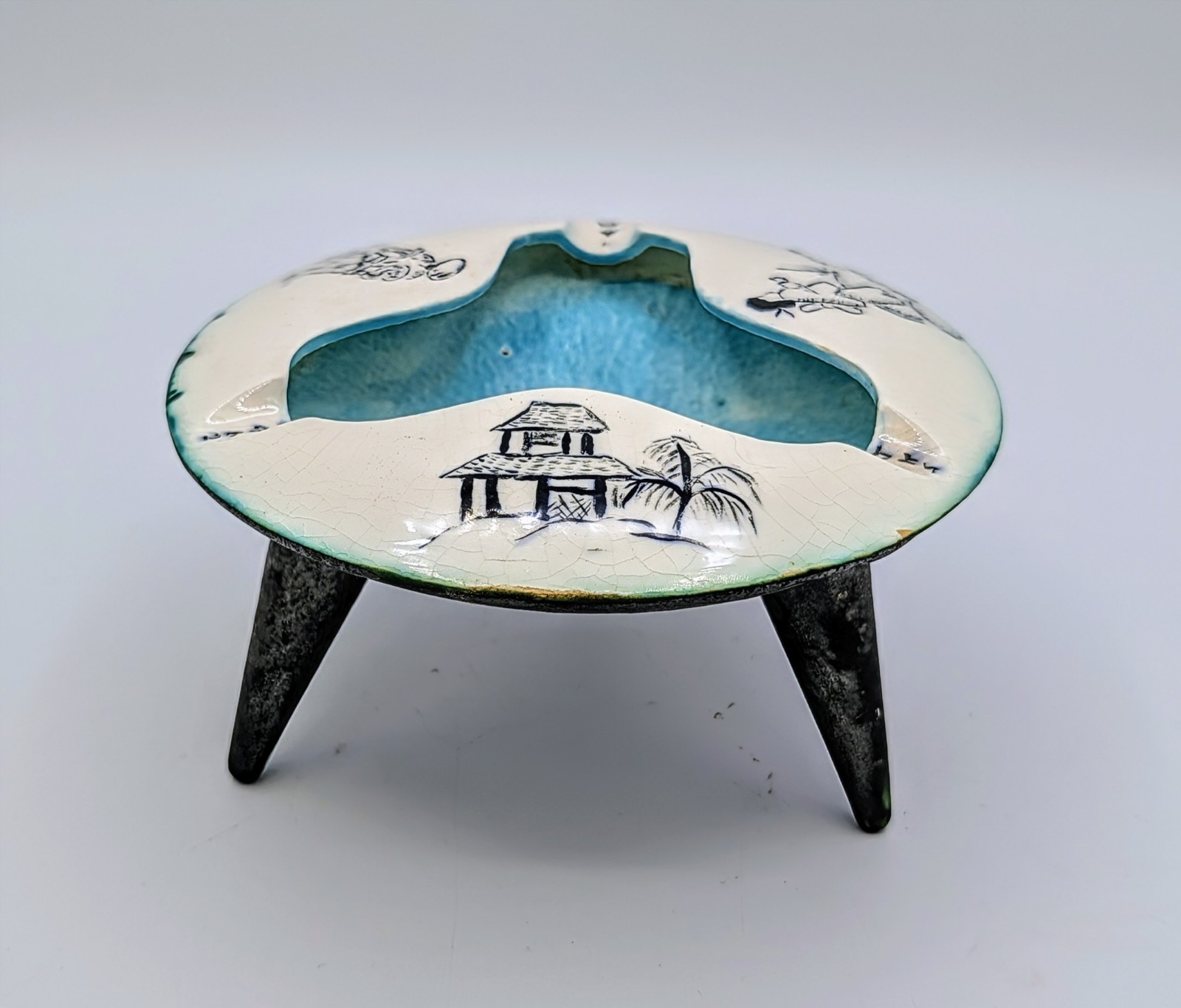 Vintage 1962 JHS Tiki Sputnik Tripod Pottery Ashtray MCM Turquoise 5.5