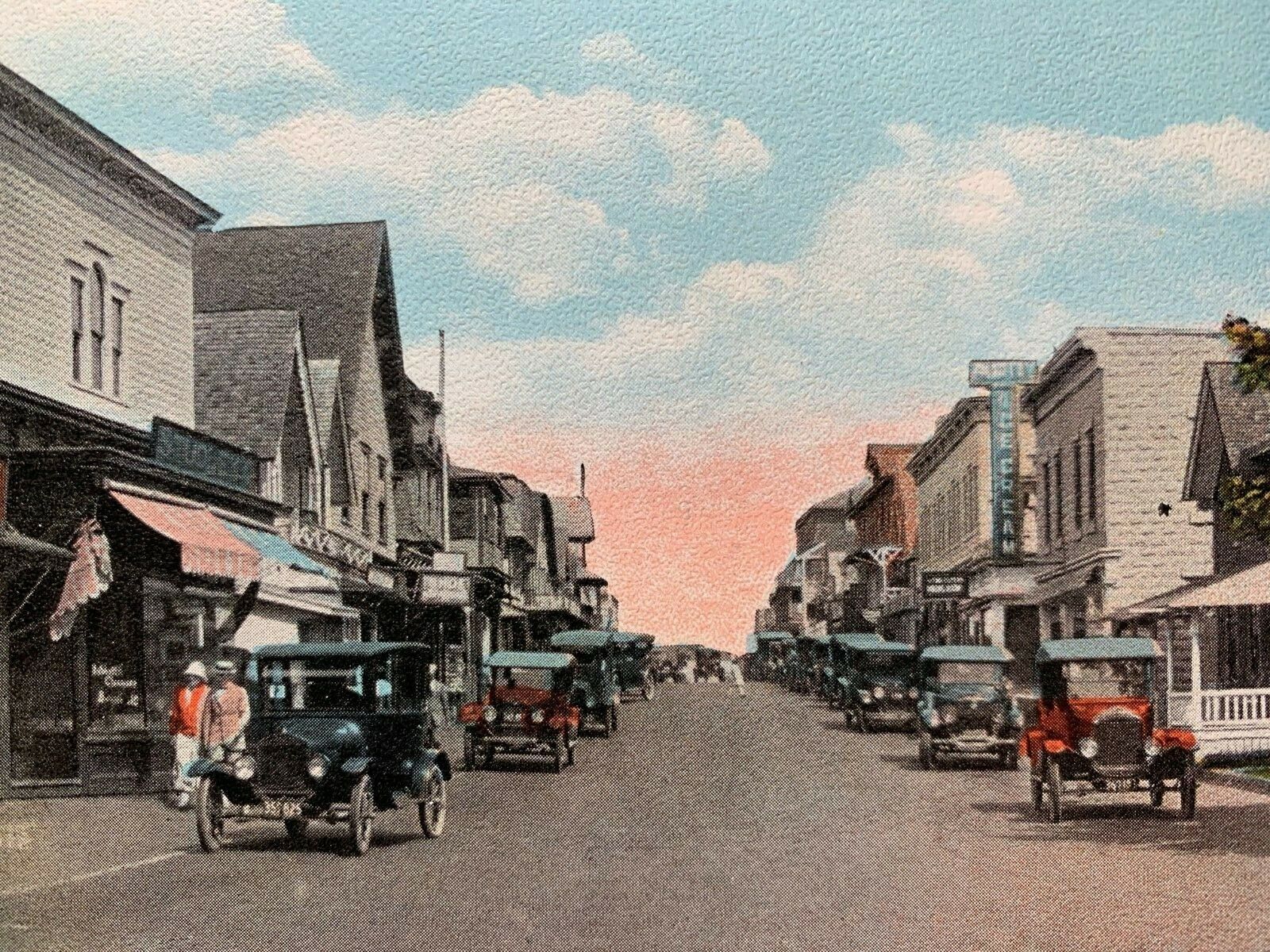 Postcard Oak Bluffs MA - c1920s Circuit Avenue Businesses Old Cars Ice Cream