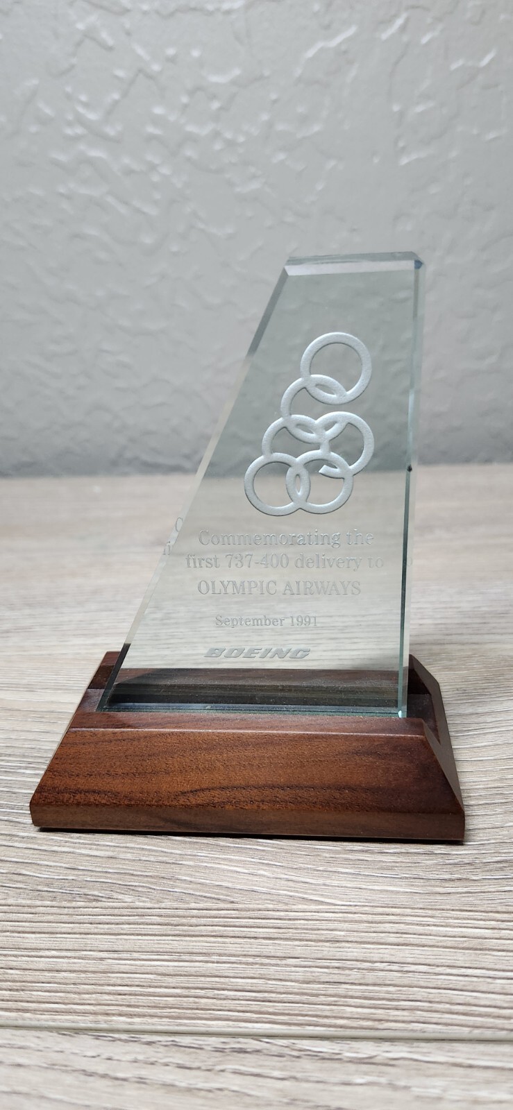 BOEING COMPANY 737-400 Olympic Airways September 1991 Commemorative Glass Trophy