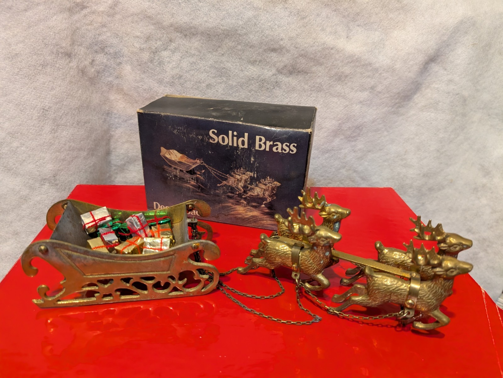VTG Lg Brass Reindeer Flying Sleigh With Christmas Gifts Centerpiece 12\