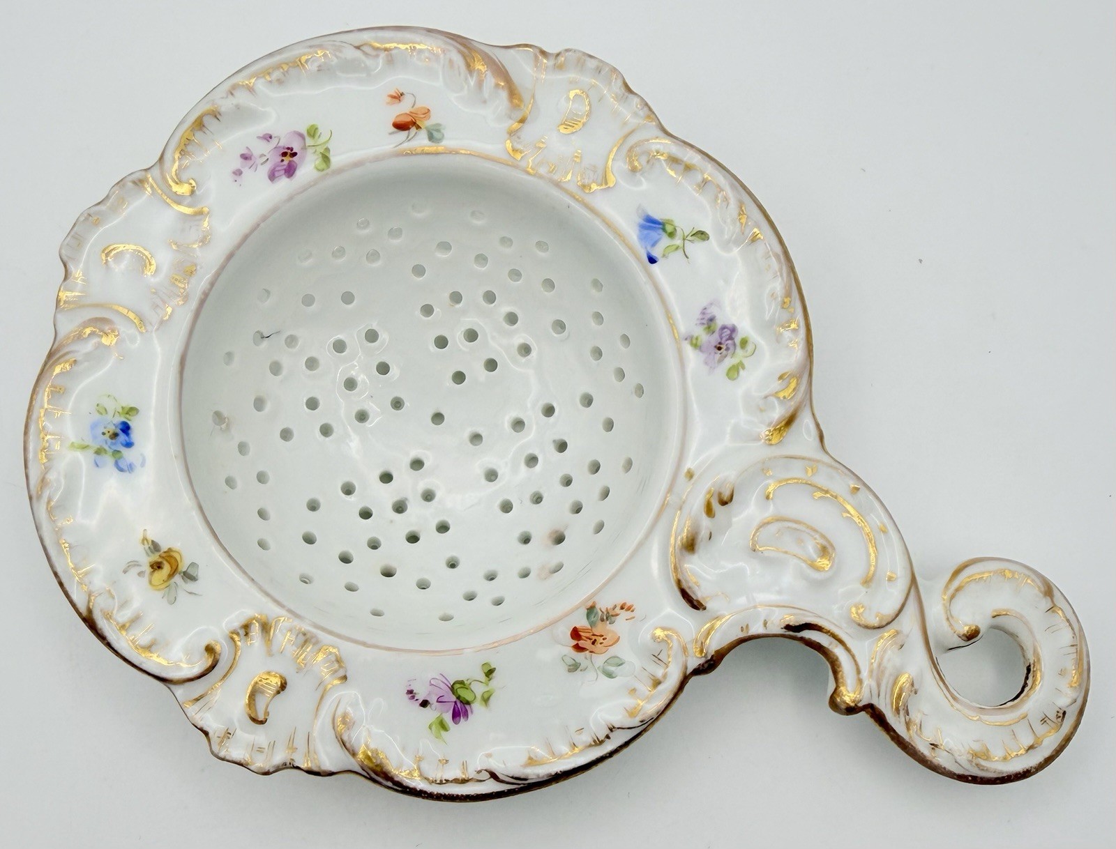 Antique Hand Painted Dresden Meissen Flowers Style Porcelain Tea Strainer German