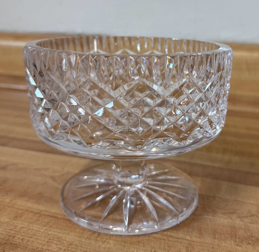 Vtg Heavy Yet Graceful Crystal Pedestal Etched Signed (??)Candy Nut Bowl Dish