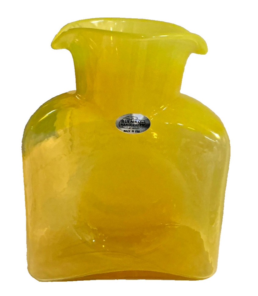 Blenko glass Citrine 384 Water Bottle Double Spout Pitcher 2022 vase 8” yellow