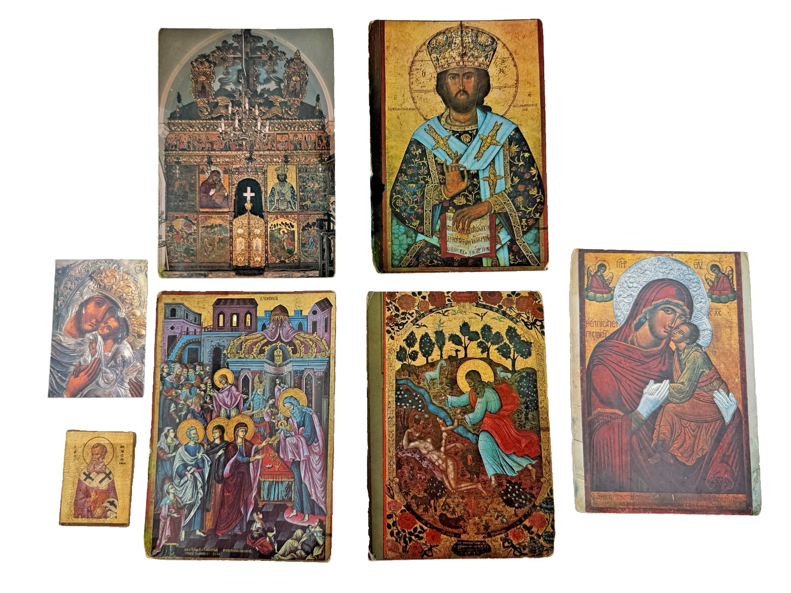 7 Vintage Greek Orthodox Icon Postcards Religious Art Jesus Mary Saints Lot