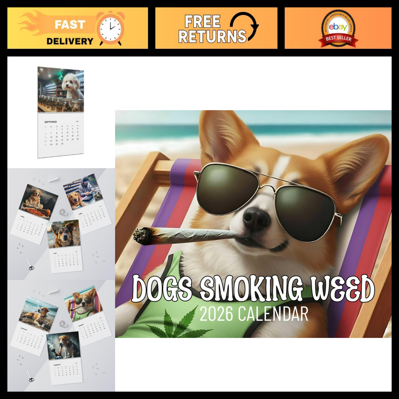 Funny Dogs Smoking Weed 2026 Wall Calendar - 14\