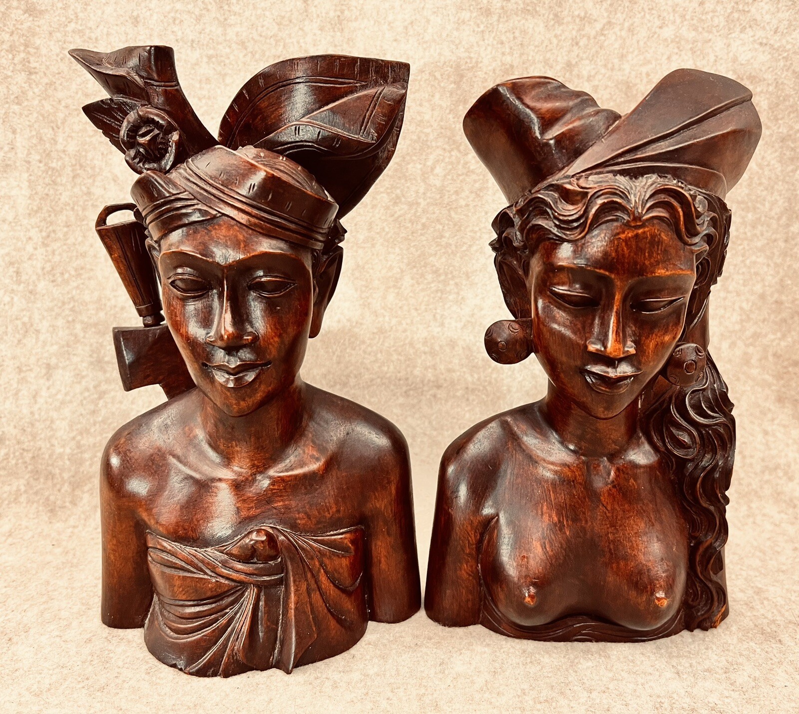 Vintage BALI Tribal Man & Woman Carved Solid Wood Art Bust Sculpture Pair