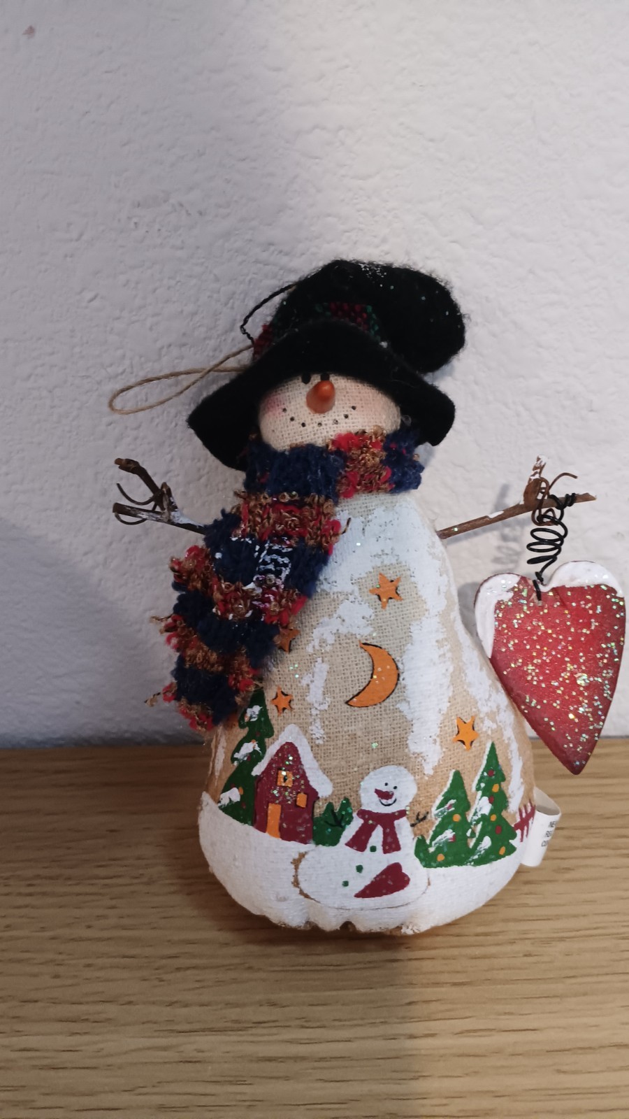 Vintage GANZ Painted Fabric Snowman Holding Heart Christmas Tree Ornament