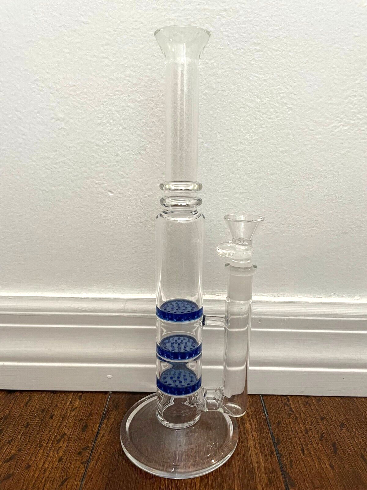 10.5” Premium Glass Water Pipe Slim Jim Triple Homeycomb Perc Blue 14mm