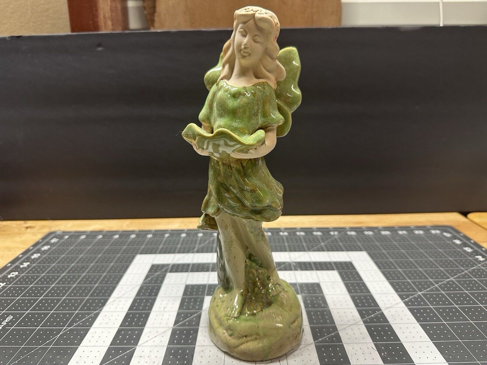 Vintage Ceramic Glazed Fairy Angel Wings Magical Whimsical Green Figurine