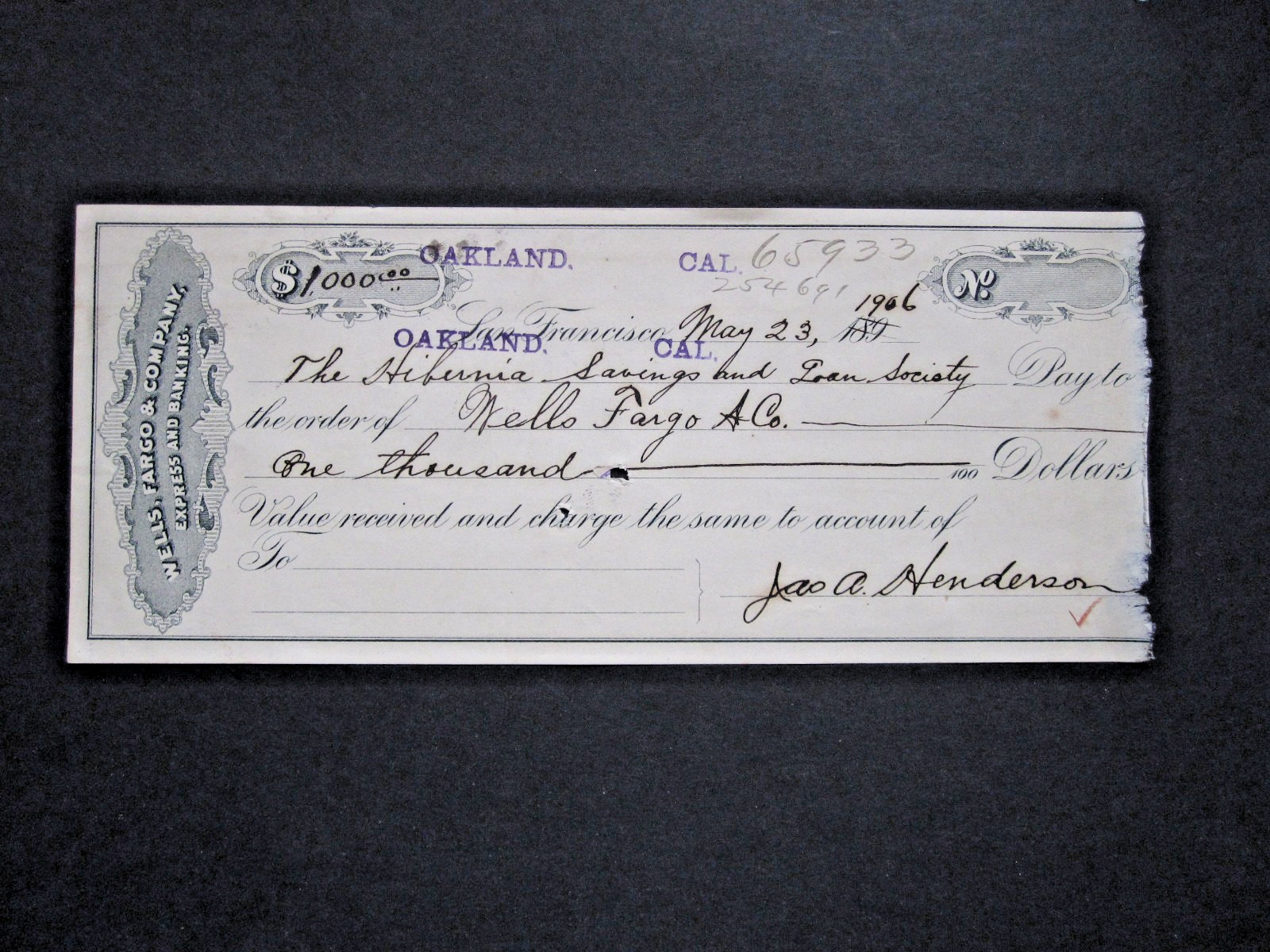 vTg 1906 Oakland CA Wells Fargo & Co Bank Check Express Henderson Athenian Club?