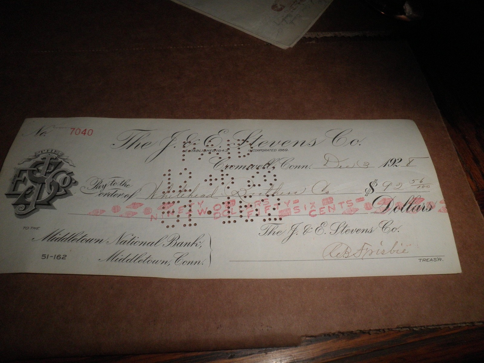 Nice old original J. & E. Stevens Co. old Check c. Dec 3. 1928