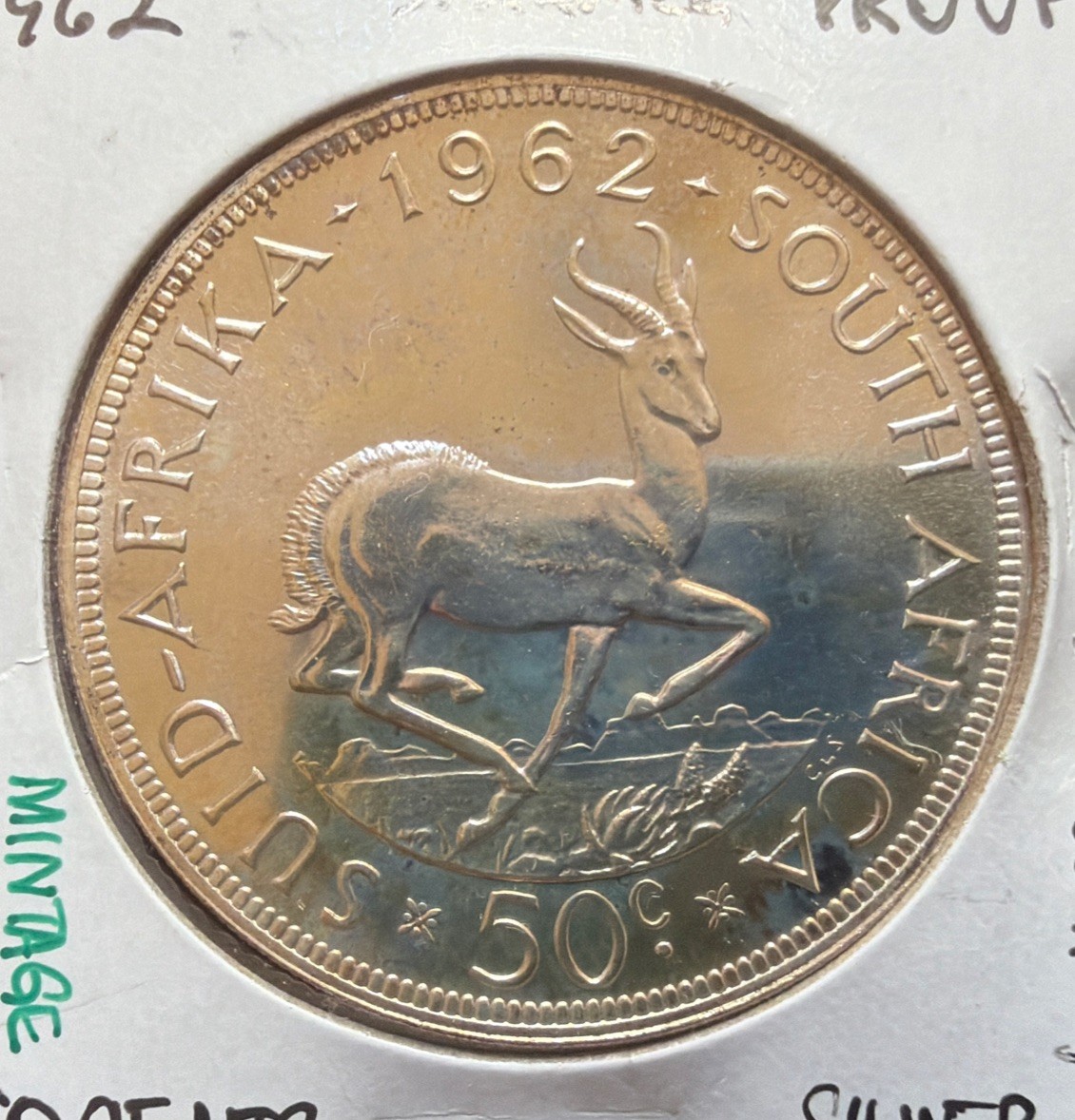 1962 SOUTH AFRICA 50 CENTS “SCARCE “PROOF SILVER COIN-KM#62-MINTAGE=3,844