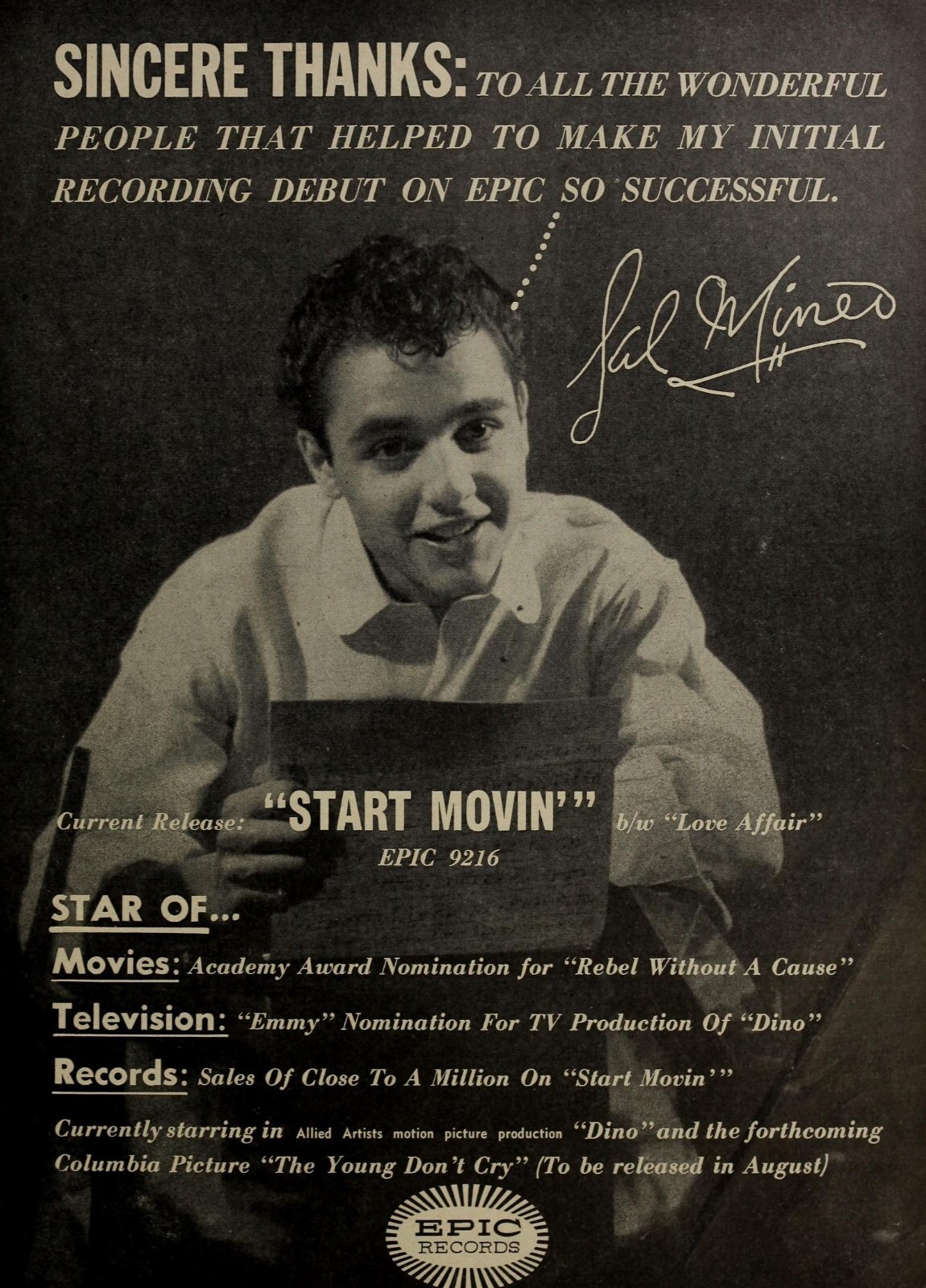 Sal Mineo - Actor Singer Ad from 1957 - Ad Image Reprint