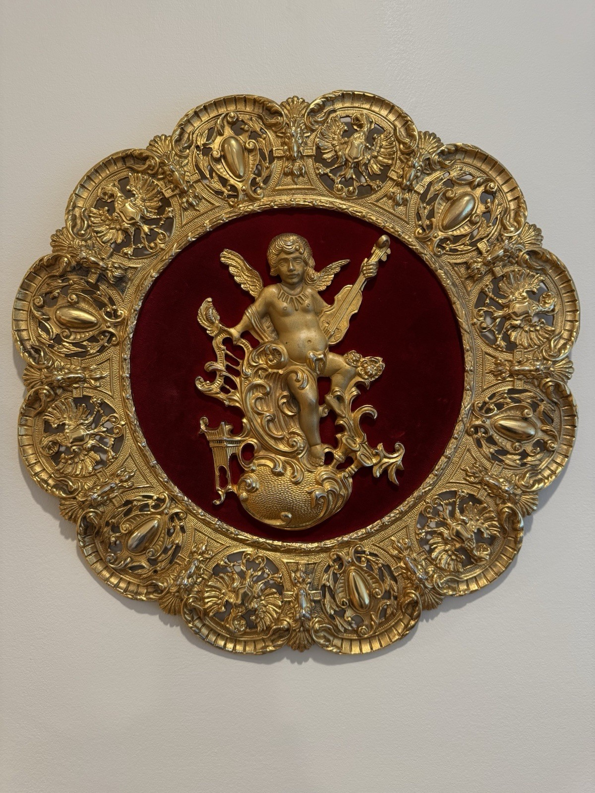 Large Antique Rococo Louis XV style Bronze Wall Plaque, Plato De Bronce 19.5