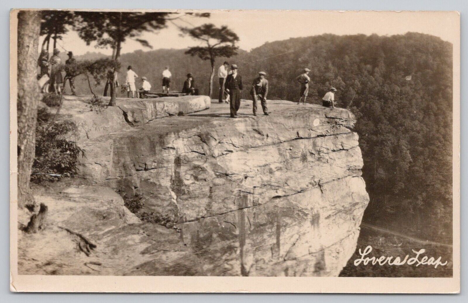 Real Photo Postcard Lovers Leap Rock Bluff Men Standing On Cliff Edge VTG RPPC