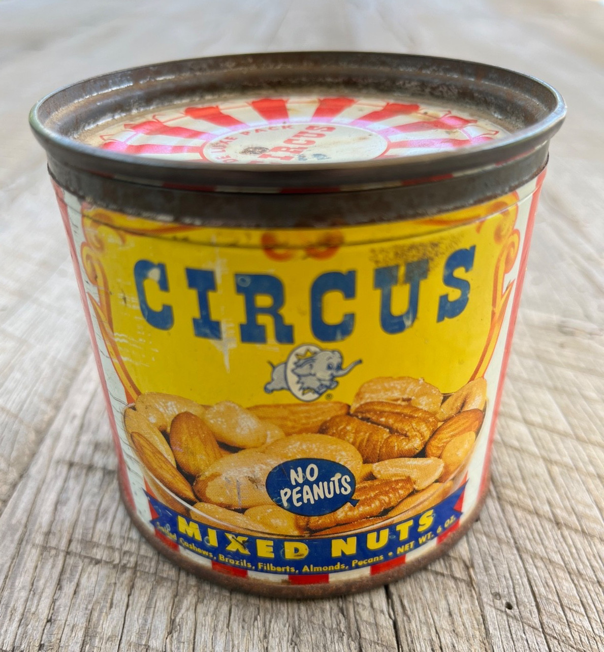 Vintage 1957 CIRCUS Mixed Nuts, No Peanuts, Collectible Advertising Tin