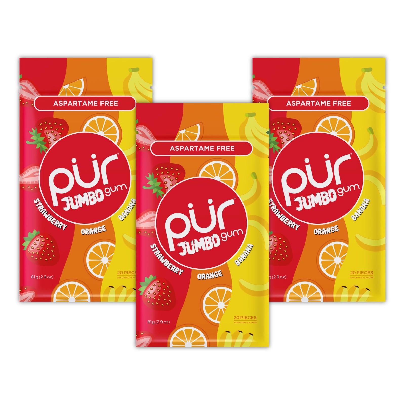 PUR Jumbo Gum | Aspartame Free Chewing | 20 Count (Pack of 3), Fruit Mix